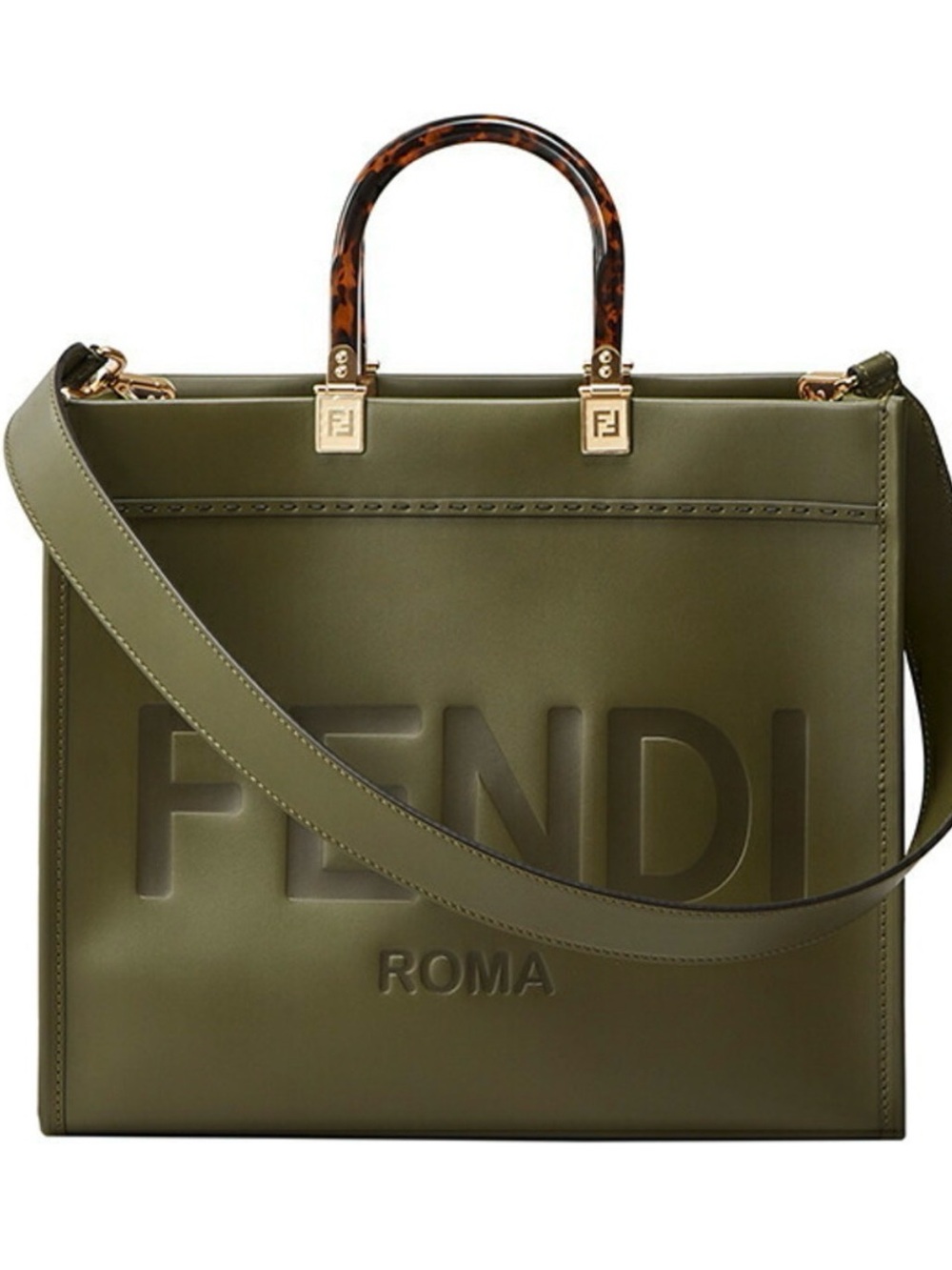 Fendi Olive Green Leather Tote with Tortoiseshell Handles